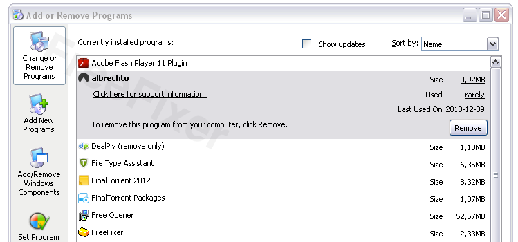 Albrechto in the Add Remove programs dialog