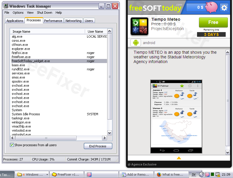 The FreeSoftToday pop up and freesofttoday_widget.exe in the Task Manager