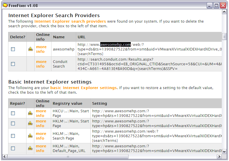 Awesomehp search provider in FreeFixer