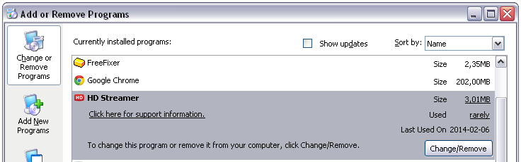 HD Streamer in the Add/Remove programs dialog