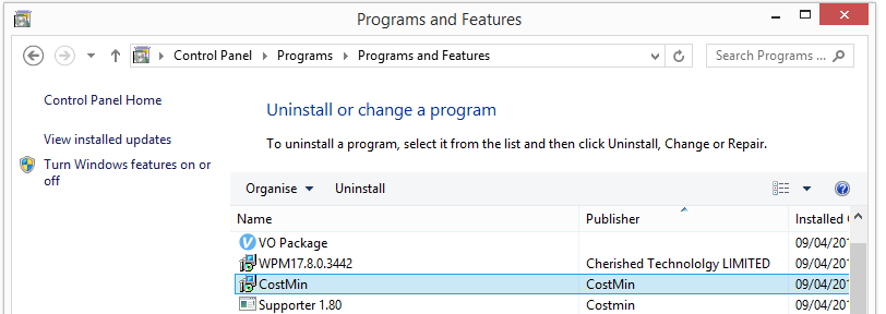Costmin in the Add Remove programs dialog