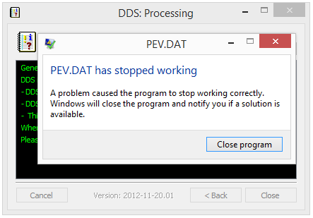 PEV.DAT has stopped working - DDS error message