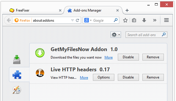 getmyfilesnow addon 1.0 in Firefox