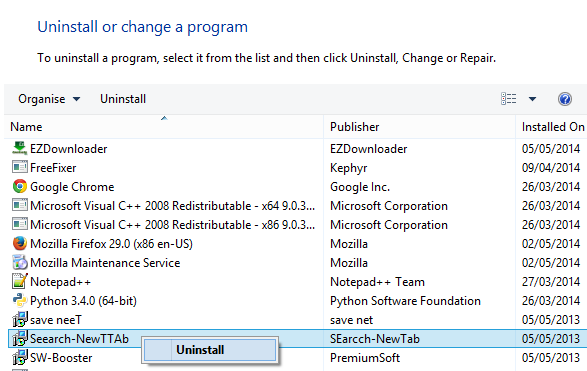 Seearch-newttab Uninstall from the Programs and Features dialog