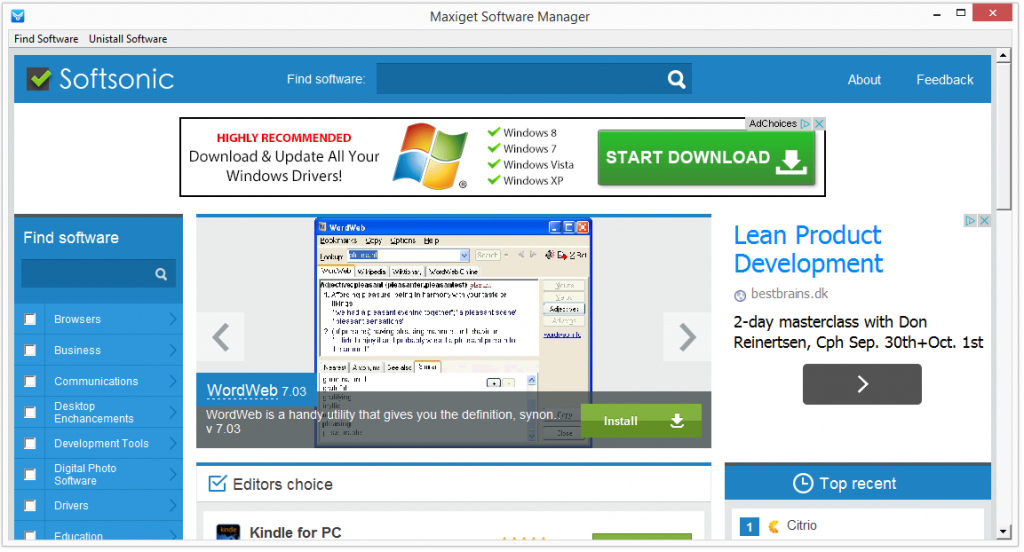 Maxiget Software Updater (Softsonic) main gui