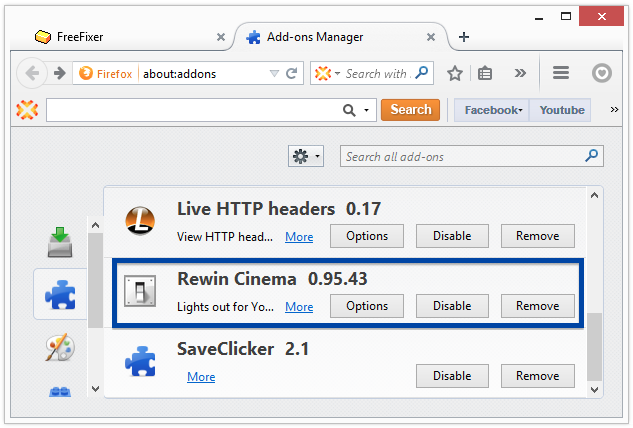 Rewin Cinema add-on in the Firefox browser