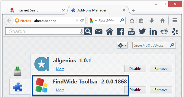 findwide toolbar in firefox's add-on menu