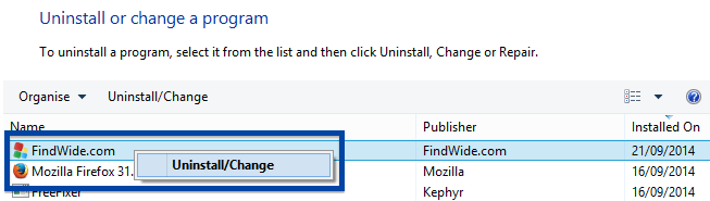 remove findwide.com from the add/remove programs dialog