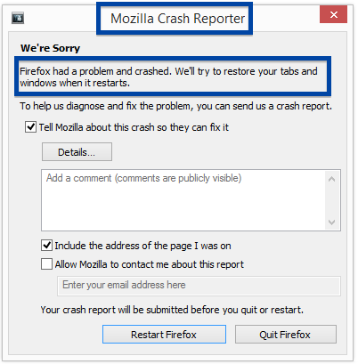 Mozilla crash reporter appears when Firefox crashes