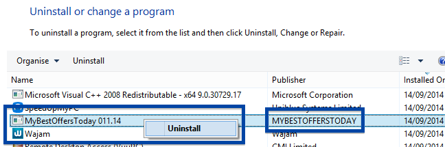 How To Remove MyBestOffersToday from the Windows Control Panel