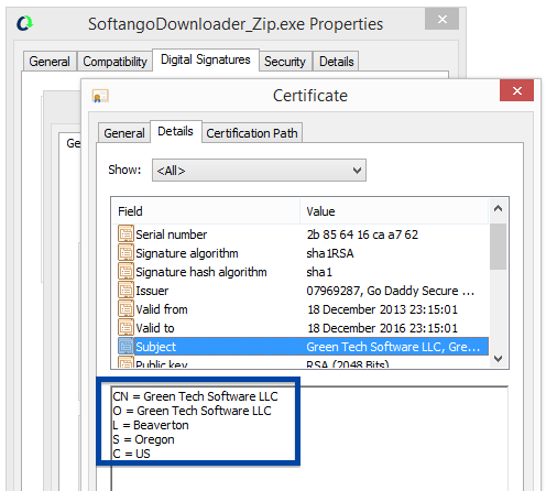 Green Tech Software LLC certificate for the Softango downloader
