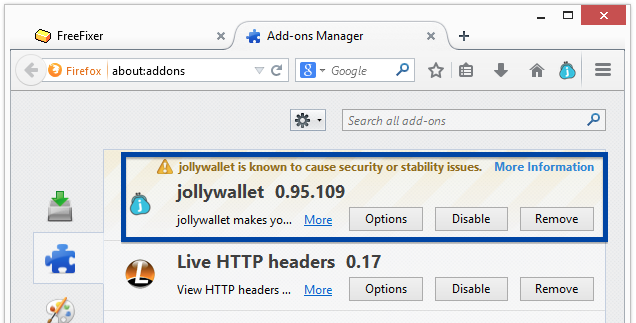 jollywallet firefox add-on - known to cause security or stability issues