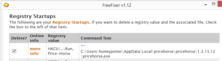 pricehorse.exe registry startup selected for removal in the free fixer removal tool