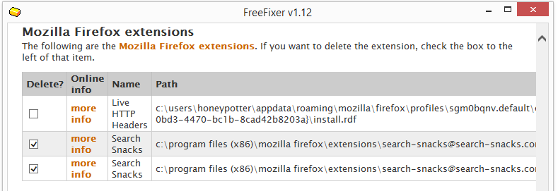 Search Snacks firefox add-on removal with freefixer