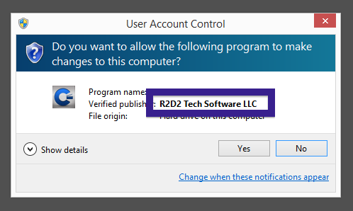 R2D2 Tech Software publisher in the UAC dialog