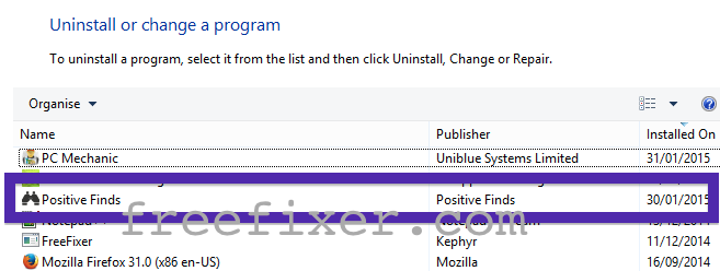 Positive Finds uninstall