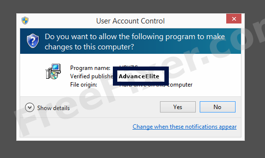 Screenshot where AdvanceElite appears as the verified publisher in the UAC dialog