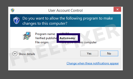 Screenshot where Autonomy appears as the verified publisher in the UAC dialog