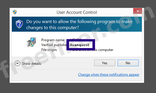 Screenshot where Avanquest appears as the verified publisher in the UAC dialog