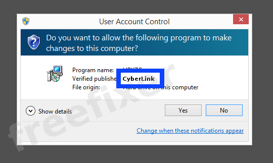 Screenshot where CyberLink appears as the verified publisher in the UAC dialog