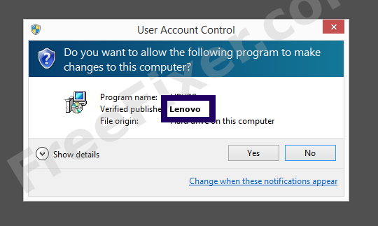 Screenshot where Lenovo appears as the verified publisher in the UAC dialog