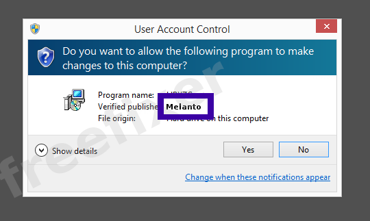 Screenshot where Melanto appears as the verified publisher in the UAC dialog