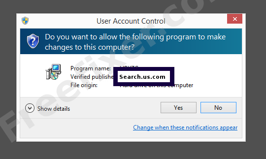 Screenshot where Search.us.com appears as the verified publisher in the UAC dialog