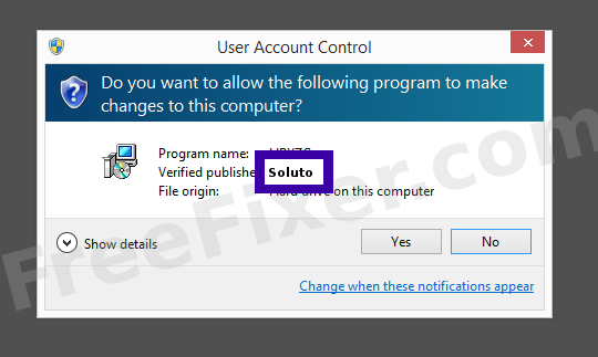 Screenshot where Soluto appears as the verified publisher in the UAC dialog