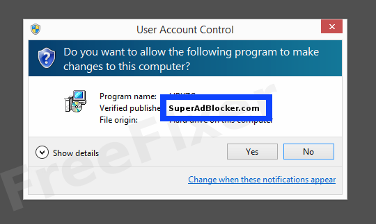 Screenshot where SuperAdBlocker.com appears as the verified publisher in the UAC dialog