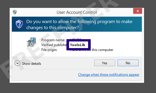 Screenshot where ToolsLib appears as the verified publisher in the UAC dialog