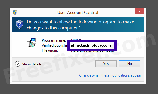 Screenshot where pillactechnology.com appears as the verified publisher in the UAC dialog