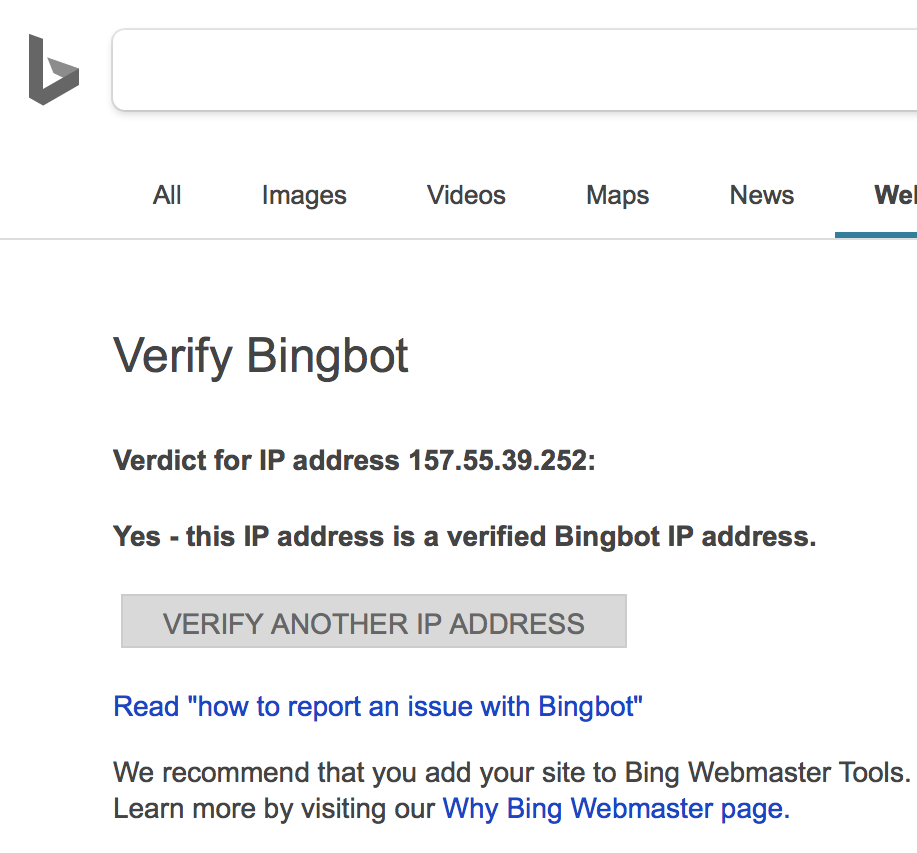 Verify bingbot tool reports 157.55.39.252 is a real bingbot