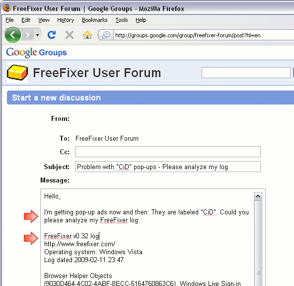 Screenshot of how to post FreeFixer log in the FreeFixer forum. Include problem description and the FreeFixer log