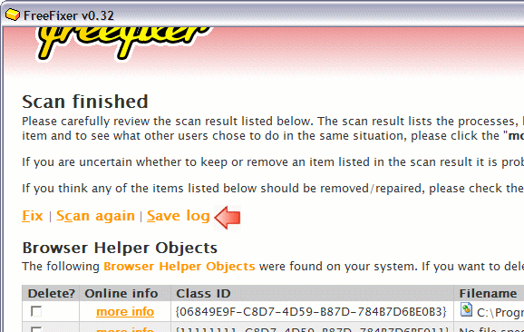 Screenshot of FreeFixer and the save log button