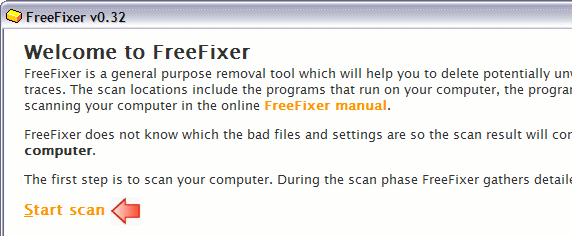 Screenshot of FreeFixer and the Start Scan button