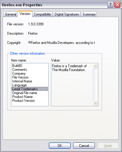 The image illustrates the vendor and version information available under the version tab for firefox.exe.