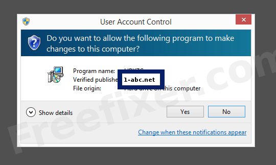 Screenshot where 1-abc.net appears as the verified publisher in the UAC dialog