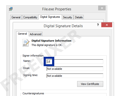 Screenshot of the 1E certificate