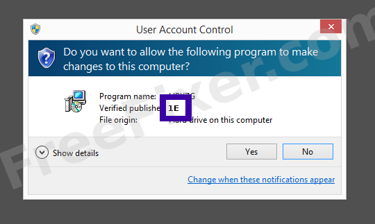 Screenshot where 1E appears as the verified publisher in the UAC dialog