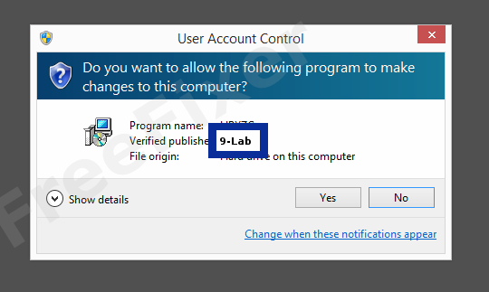 Screenshot where 9-Lab appears as the verified publisher in the UAC dialog