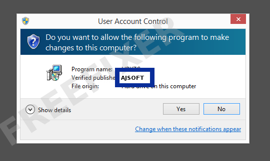 Screenshot where AJSOFT appears as the verified publisher in the UAC dialog