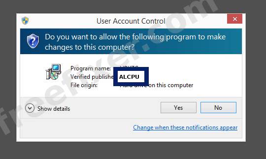 Screenshot where ALCPU appears as the verified publisher in the UAC dialog