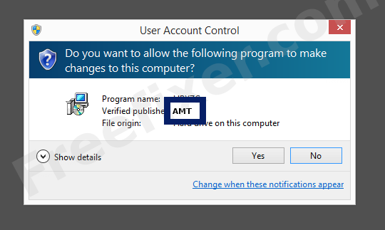 Screenshot where AMT appears as the verified publisher in the UAC dialog