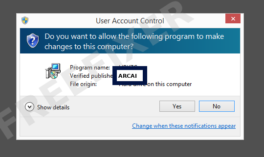 Screenshot where ARCAI appears as the verified publisher in the UAC dialog