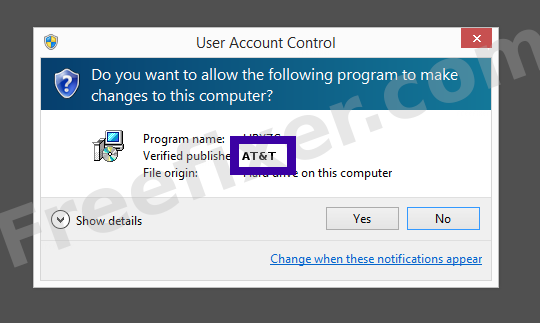 Screenshot where AT&T appears as the verified publisher in the UAC dialog