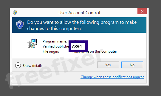 Screenshot where AX64 appears as the verified publisher in the UAC dialog