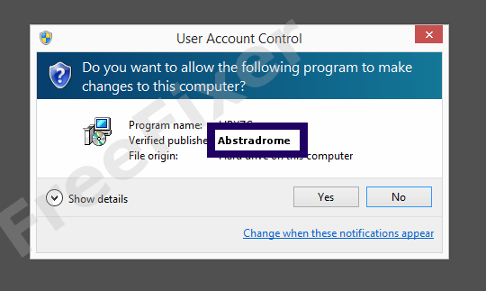 Screenshot where Abstradrome appears as the verified publisher in the UAC dialog