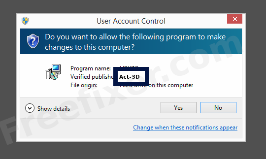 Screenshot where Act-3D appears as the verified publisher in the UAC dialog
