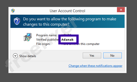 Screenshot where Adanak appears as the verified publisher in the UAC dialog