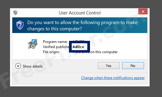 Screenshot where Adlice appears as the verified publisher in the UAC dialog